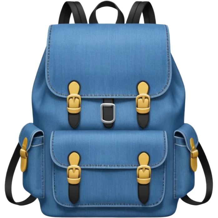 An emoji-style blue denim backpack with a flap top. Two short black buckle straps are attached only at the top flap, not extending to the bottom. The front is clean with no pockets or extended straps. The backpack has two side pockets. 


 emoji