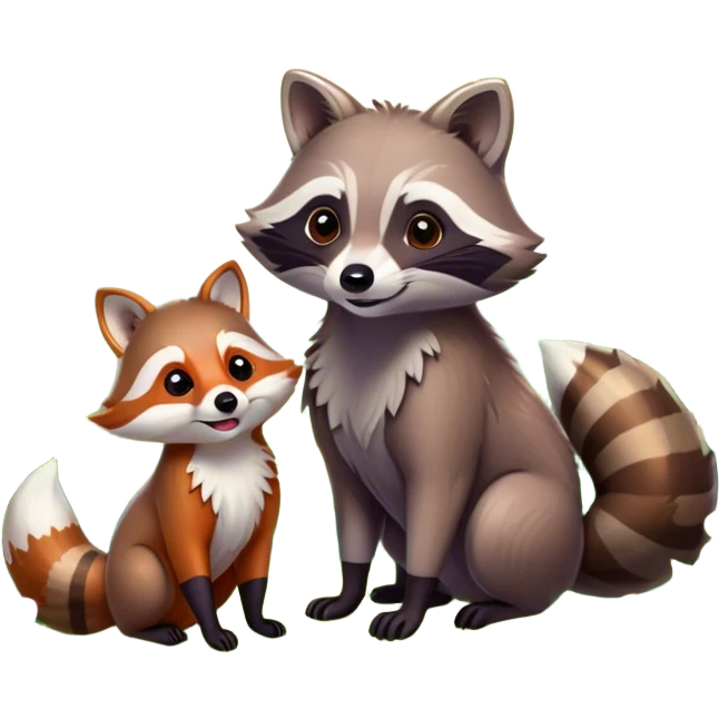 raccoon and a fox among a colorful forest with vibrant green trees, bushes and flowers. The animals are in the foreground, surrounded by a lush, bright forest, with soft sunlight filtering through the leaves. A playful photo-realistic and wild scene with a transparent background. emoji