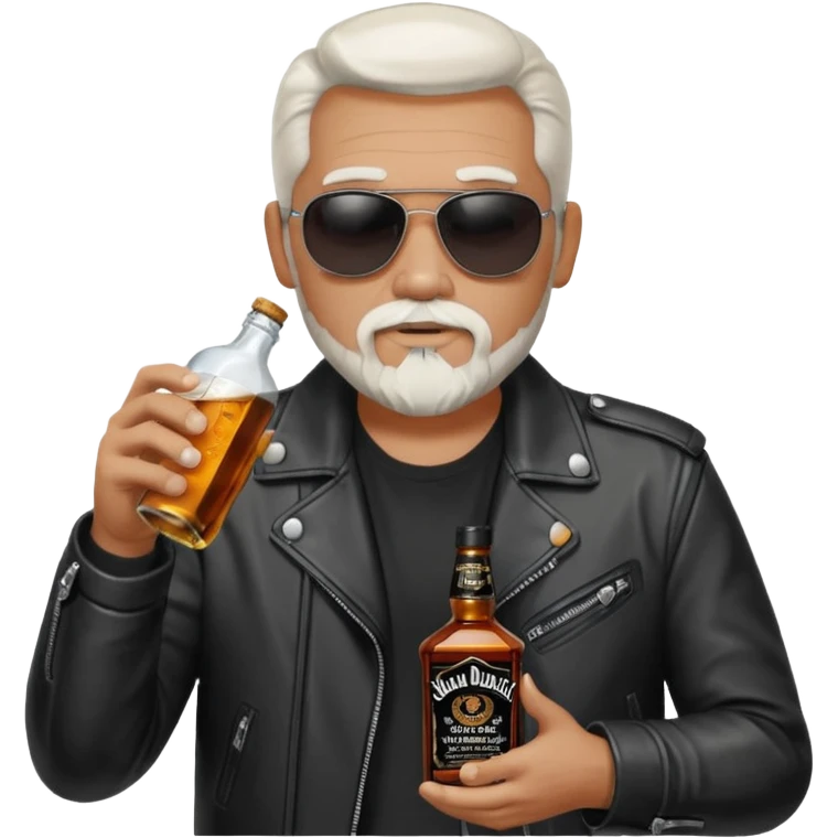 Un motero de perilla blanca tipo Quijote, gafas oscuras chupa de cuero y bebiendo de una botella de Jack Daniel's. emoji