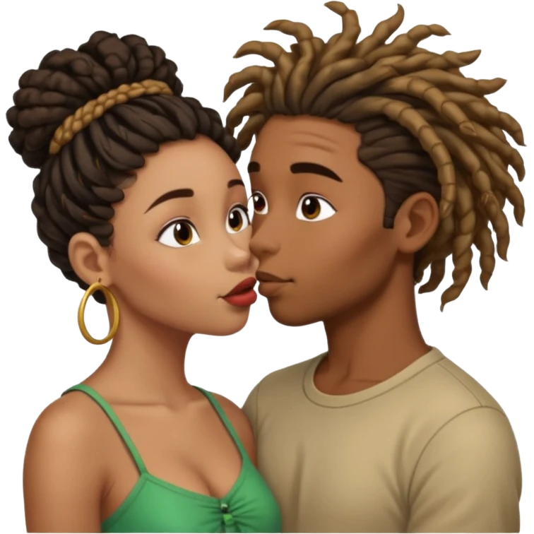 Brown boy with dreadlock kissing black girl with curly bun emoji