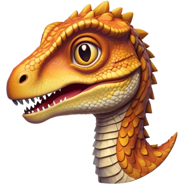 Cinematic Realistic Cute velociraptor/T-rex Portrait Emoji, Head tilted playfully and inquisitively, featuring a compact, slightly rounded build with intricately detailed, textured scales in natural hues and a surprisingly endearing face with bright, curious eyes, rendered with lifelike clarity and warm natural light, high shine, affectionate and quirky, styled with a touch of prehistoric whimsy, soft glowing outline, capturing the essence of a mischievous yet lovable velociraptor/T-rex that seems poised to stomp playfully into your arms! emoji