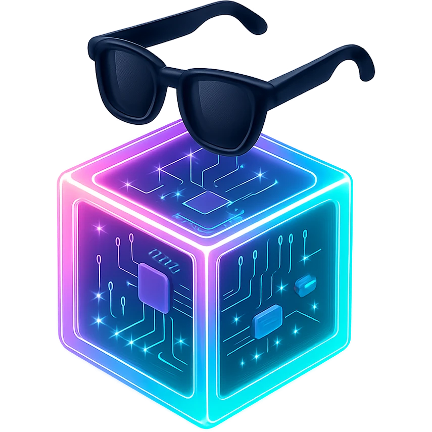 a neon box opened with a pair of black sunglasses flying above the box, vibrant, glowing, modern style emoji