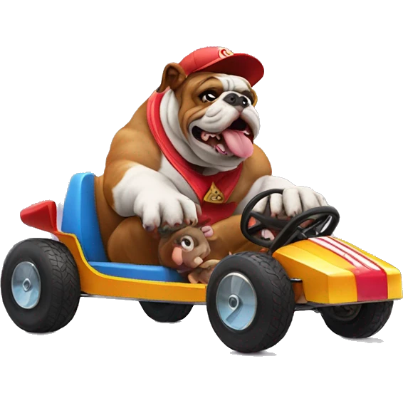 Bulldog riding in kart with donkey Kong emoji