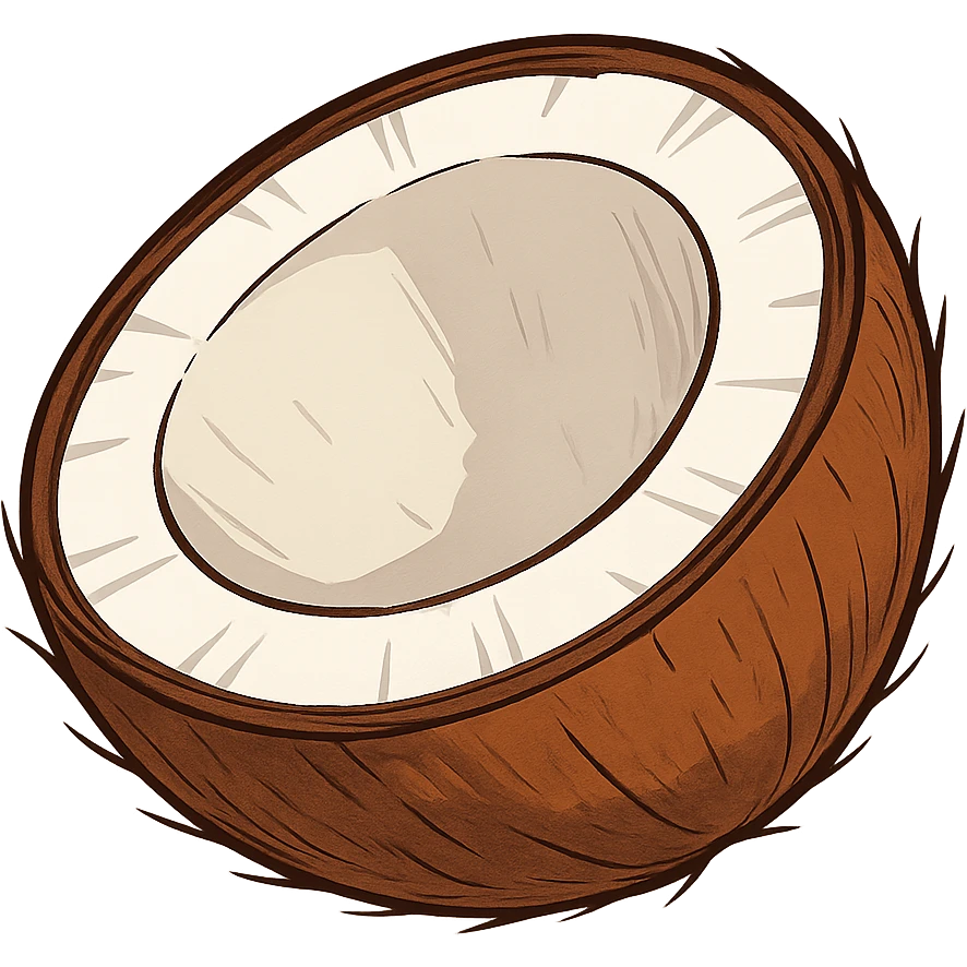 coconut cut in half, clear view of the interior, clean and colorful illustration style emoji