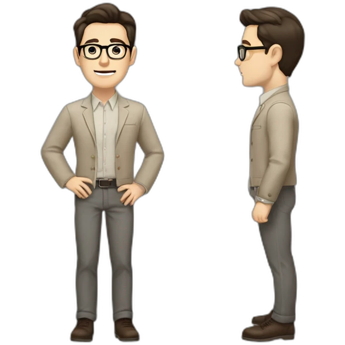 Full height Pale skinned Fit Man With dark brown hair in gray classic jacket, beige office shirt, Brown pants and vintage glasses. Thrumbs of his palms upwards emoji