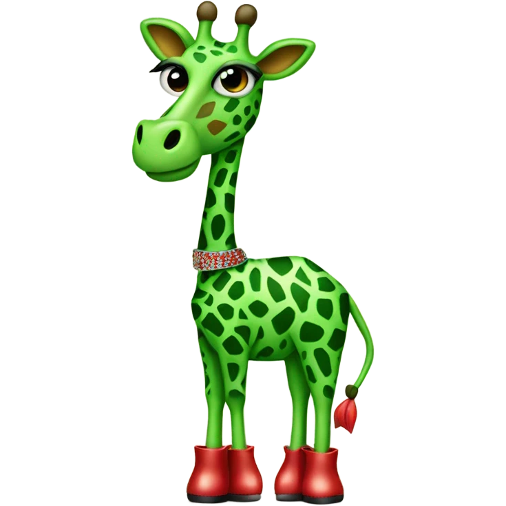 A green giraffe wearing a belt in some red sparkly heels with long eye lashes  emoji