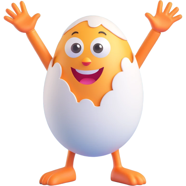 an egg mascot with hands in the air, joyful emoji