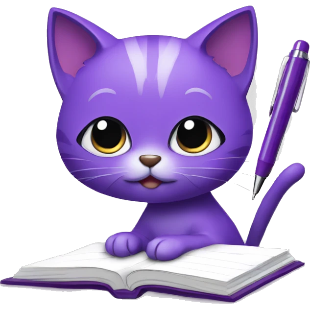 Purple humanised Cat with a notebook and pen emoji