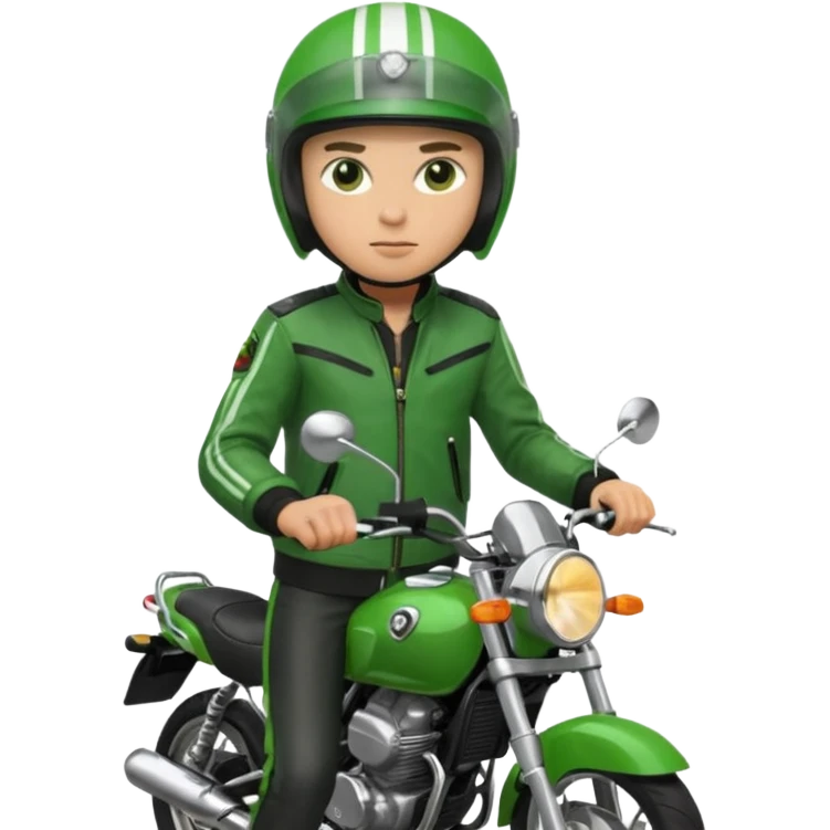 ojek online driver, using motorbike, the helmet is green. green jacket, not green motorbike (maybe a black jacket with green stripes just a little) then please make the driver not looking at "camera",  emoji