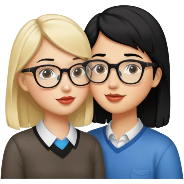 pretty light blonde girl barbie kissing nerd with black hair and tan skin on the cheek emoji