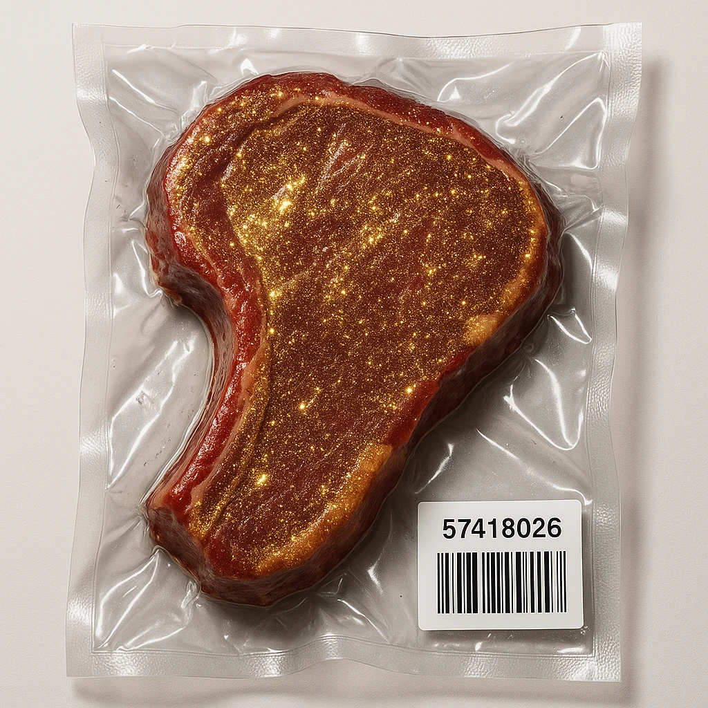 steak with gold sparkles and highlights, shiny and inflated emoji