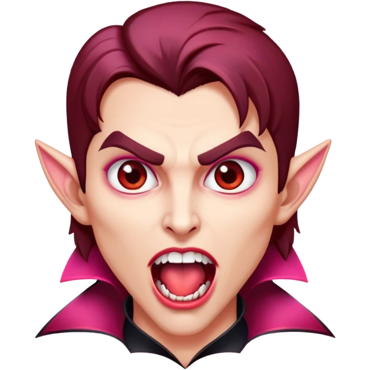 Uma vampira, com a boca aberta mostrando os caninos afiados. Olhos castanhos, cabelo com mechas vermelhas quase rosa. Rosto oval, tom de pele parda. emoji