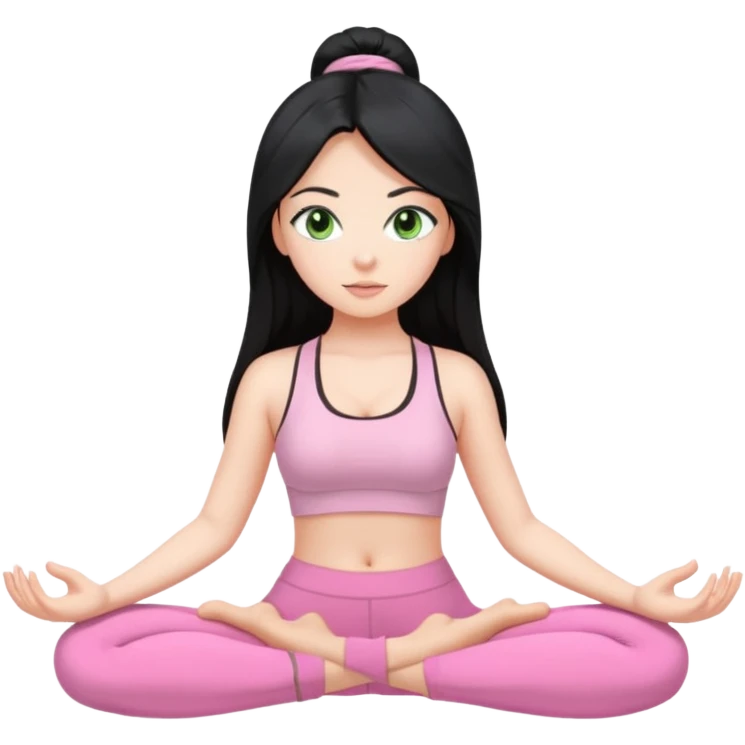 Girl with super long black hair with green eyes doing yoga with light pink clothes emoji