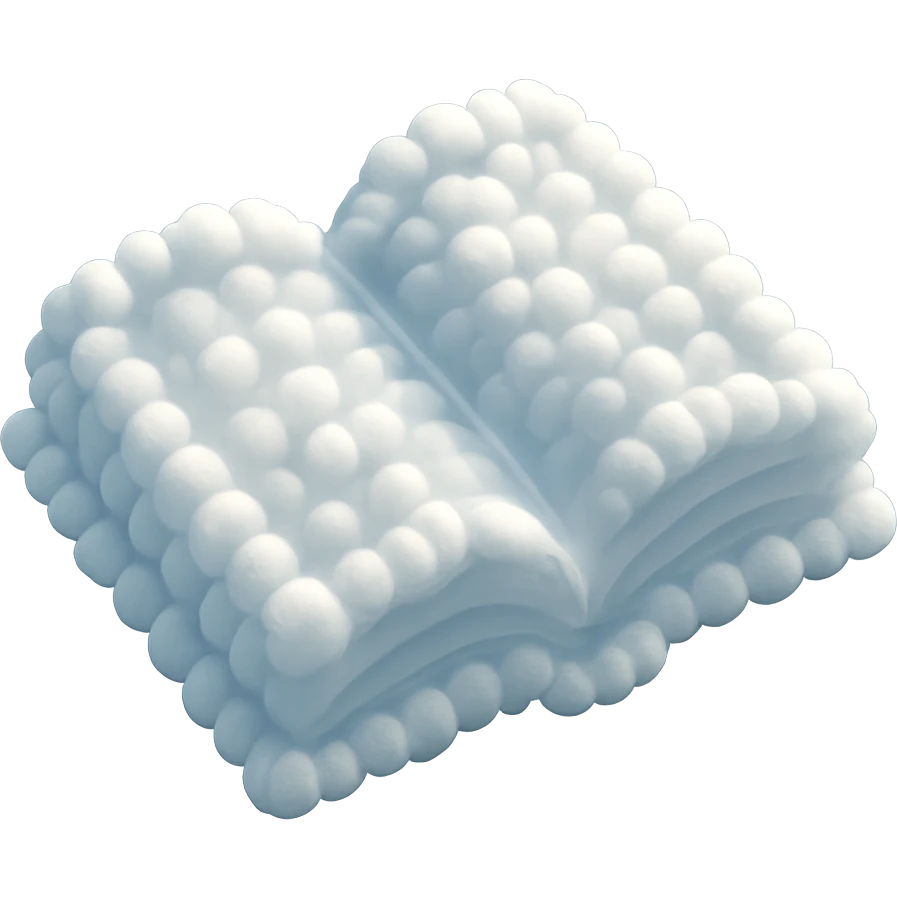 top view of a thick open book made entirely of small, very bright white fluffy convex clouds, matte glass style emoji