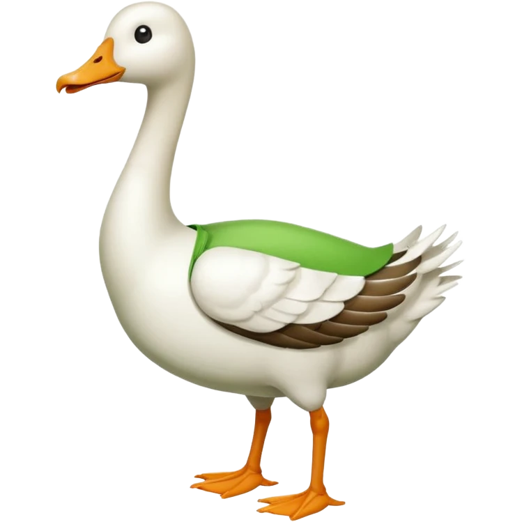 "Emoji of a white running goose with a very long neck and two legs. The goose wears bright green dungarees." emoji