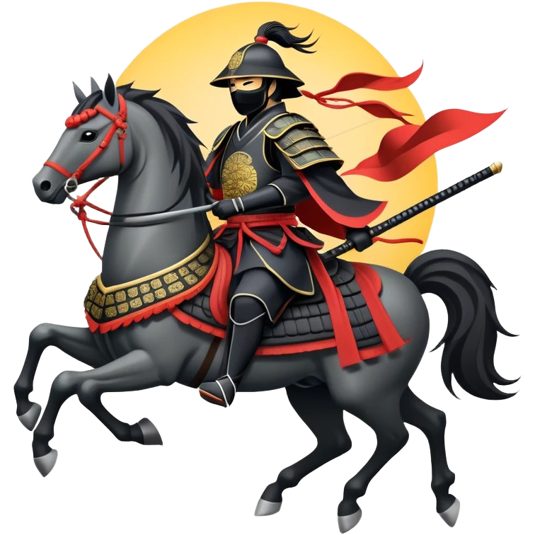 clash-of-clans-aesthetic_-cinematic-fearsome-and-majestic-samurai-bust-portrait-emoji, rendered in a flat, vector-style with minimal shading and bold, simplified shapes typical of emoji art, depicting a battle-hardened samurai with black mask and traditional black Japanese armor. The samurai is riding a noble grey warhorse adorned with an intricately designed saddle and fluttering banners and a rising sun. a samurai riding on a  horse emoji