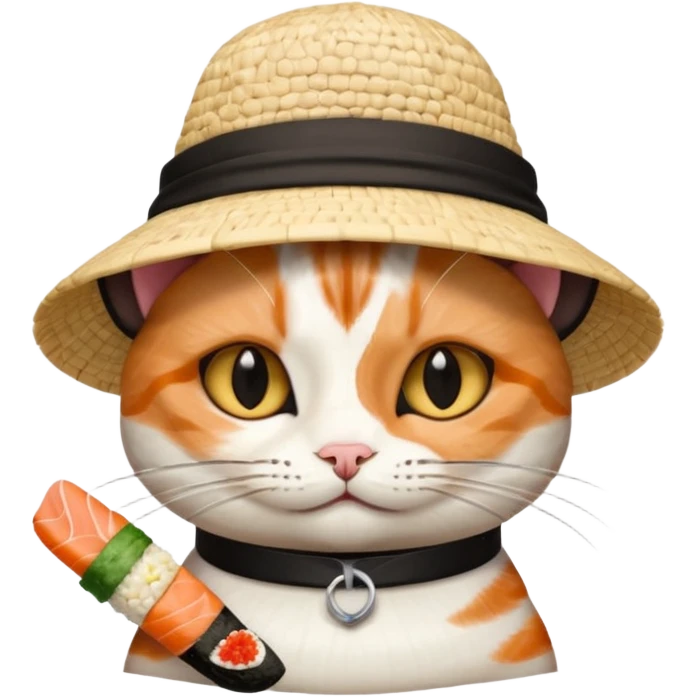 cat with its fingers crossed wearing a hat made out of sushi emoji