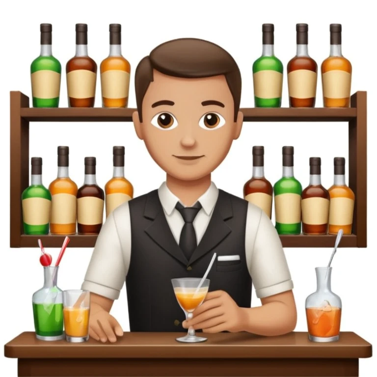 bartender mixing drinks, club backgroudn with bottles emoji