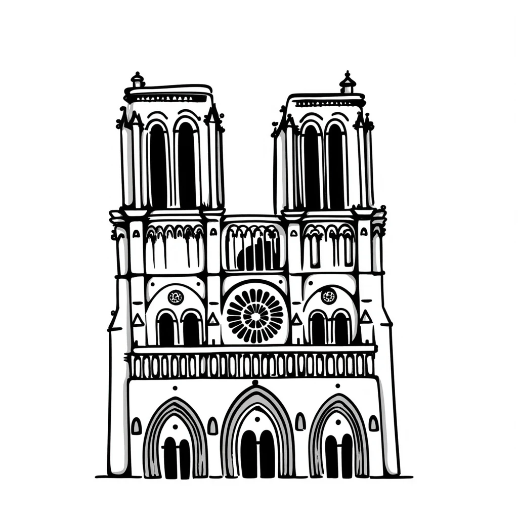 Notre Dame Cathedral in Paris with detailed Gothic architecture, spire, and rose window emoji