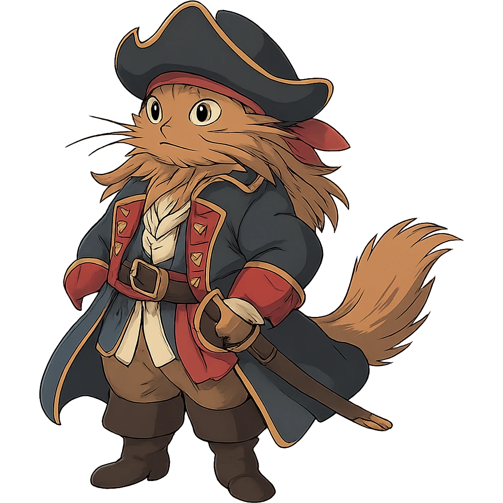 ghibli style cat dressed as pirate captain with flowing fur and detailed costume emoji