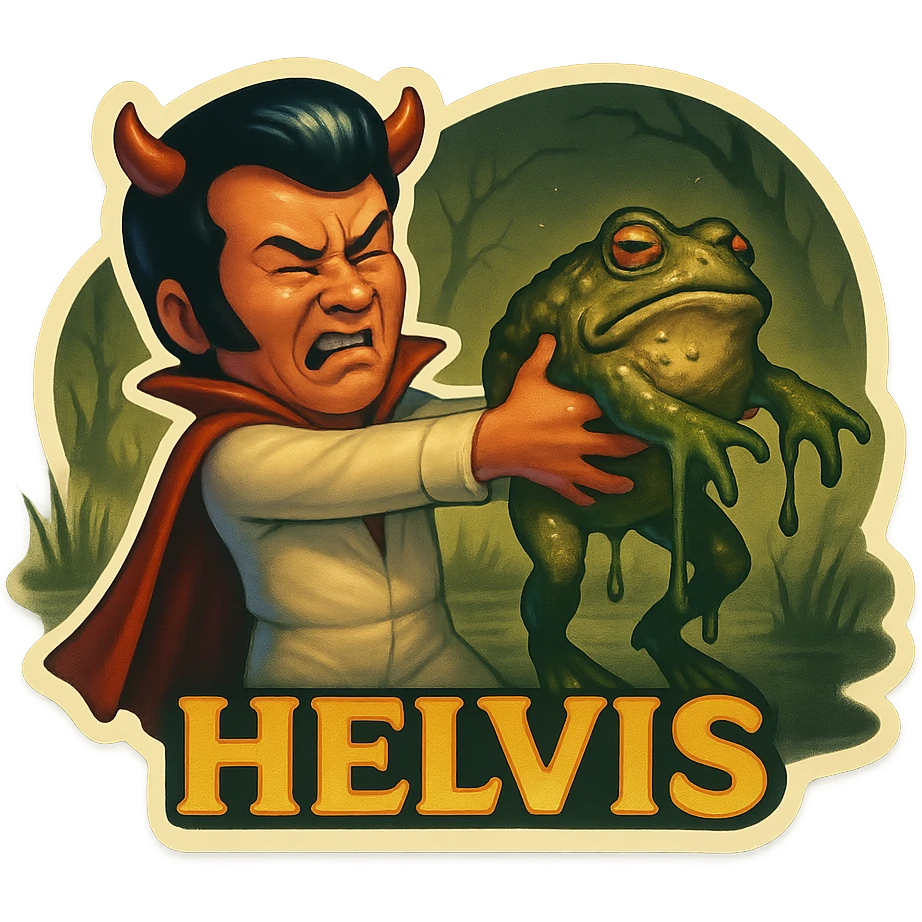 Retro sticker style with no borders on stickers. Helvis character with a short cape and very tiny horns, holding a giant slimy toad away from himself with both hands and straight arms. Head turned away in disgust, cringing expression. Swampy background with a grim vibe maintained. emoji