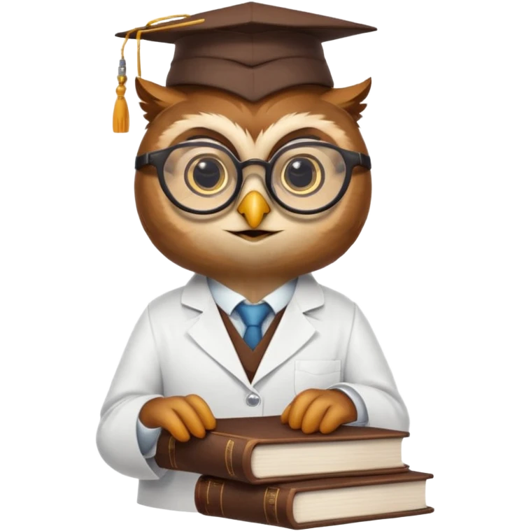 Wise owl with glasses, wearing a lab coat, perched on a stack of books. emoji