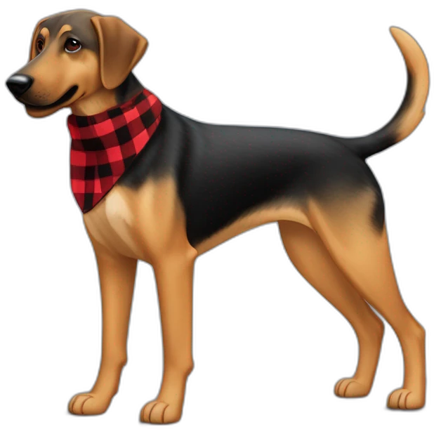 adult 75% Coonhound 25% German Shepherd mix dog with visible tail wearing small pointed red buffalo plaid bandana full body walking left quickly emoji