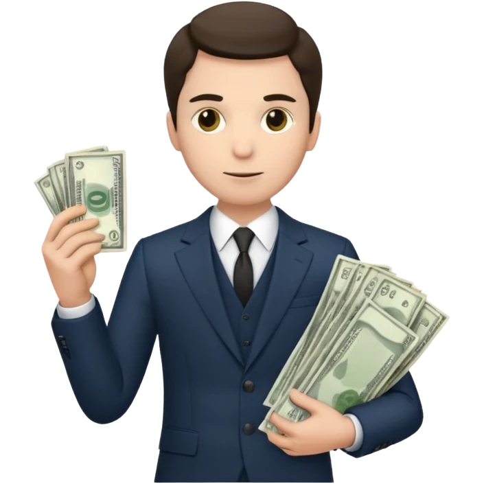 Man in suit with a slightly scammy look who has a lot of money emoji