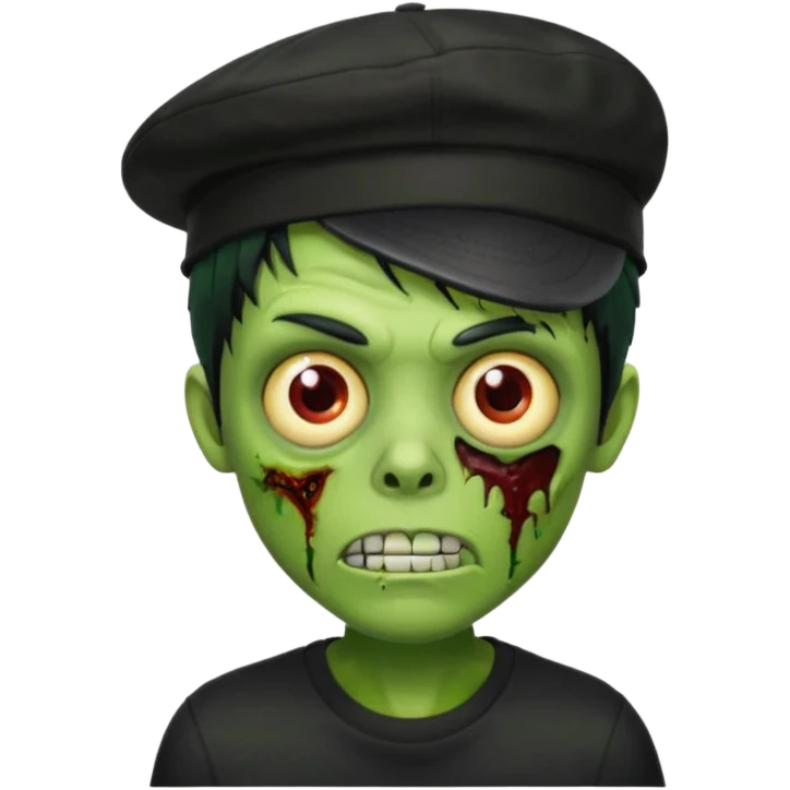 Green zombie, black hair, designer cap turned to the left, black shirt. Apple iOS style. emoji
