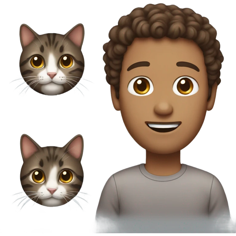 Man with brown curly hair and no facial hair holding dark brown tabby cat emoji