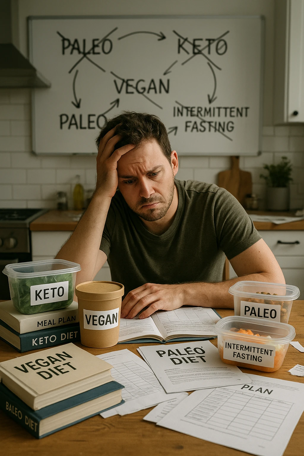 Confused man in his 30s sitting at a kitchen table cluttered with various diet books, meal plans, and food containers labeled keto, vegan, paleo, intermittent fasting. He holds his head with one hand, looking overwhelmed and frustrated. The background shows a whiteboard full of crossed-out diet names and arrows going in circles. Expression: mental fatigue, indecision, information overload. Soft lighting, slight mess to emphasize his struggle. emoji