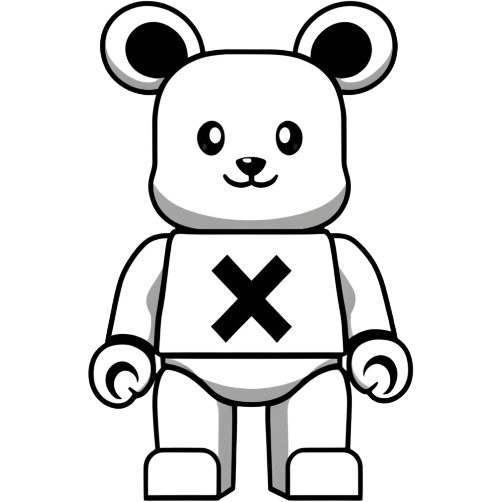 Lego style bearbrick with X crosses as eyes, enlarged ears, oversized boots, long thin limbs, exaggerated comic proportions, blocky Lego joints emoji