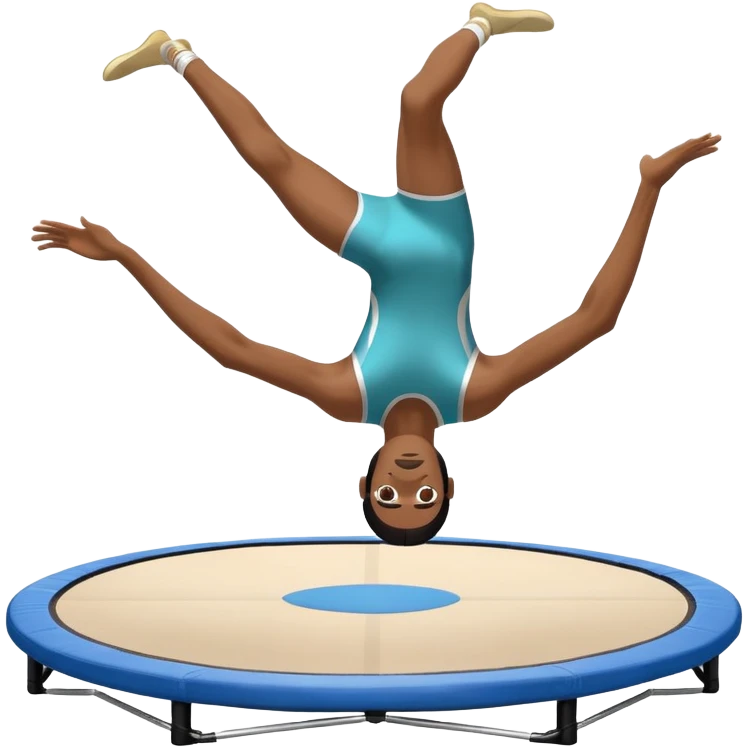 An athletic person soaring high above a trampoline, executing an acrobatic flip with perfect form. The scene captures motion and energy, with a dynamic pose, stretched limbs, and a focused expression. The background suggests a professional trampoline arena with safety padding. emoji