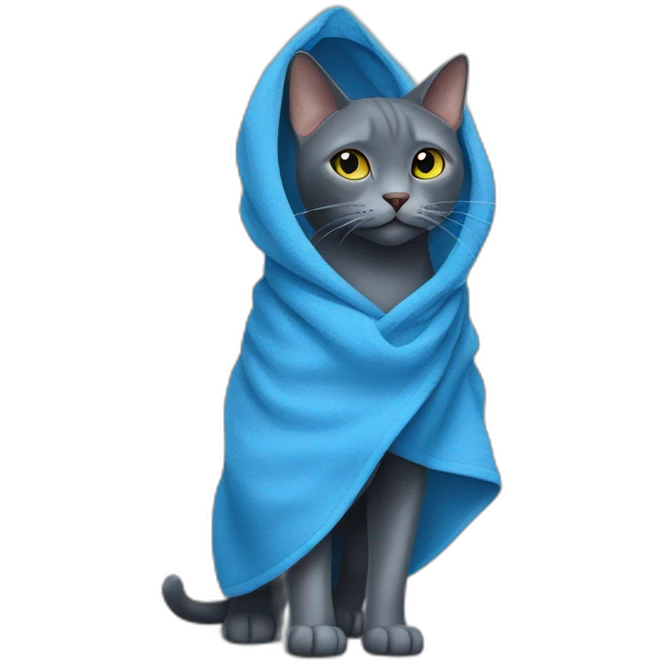 darker russian blue cat walks with blue towel on his mouth emoji