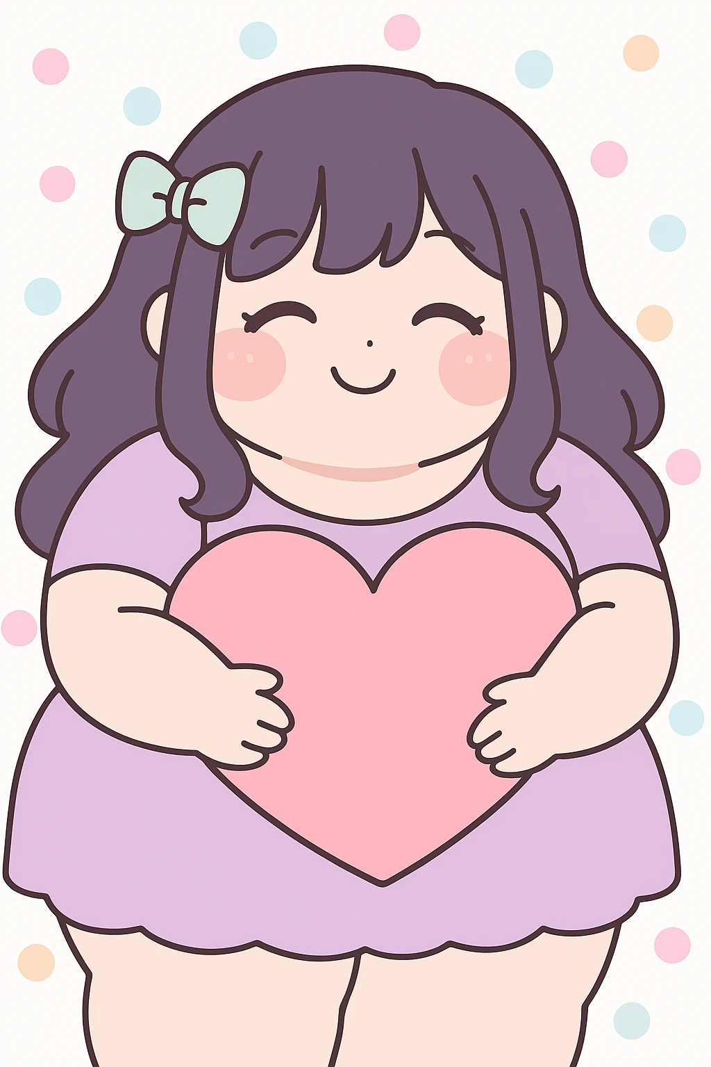 bbw anime girl with closed eyes and a joyful smile, hugging a large heart, pastel colors, kawaii anime style emoji