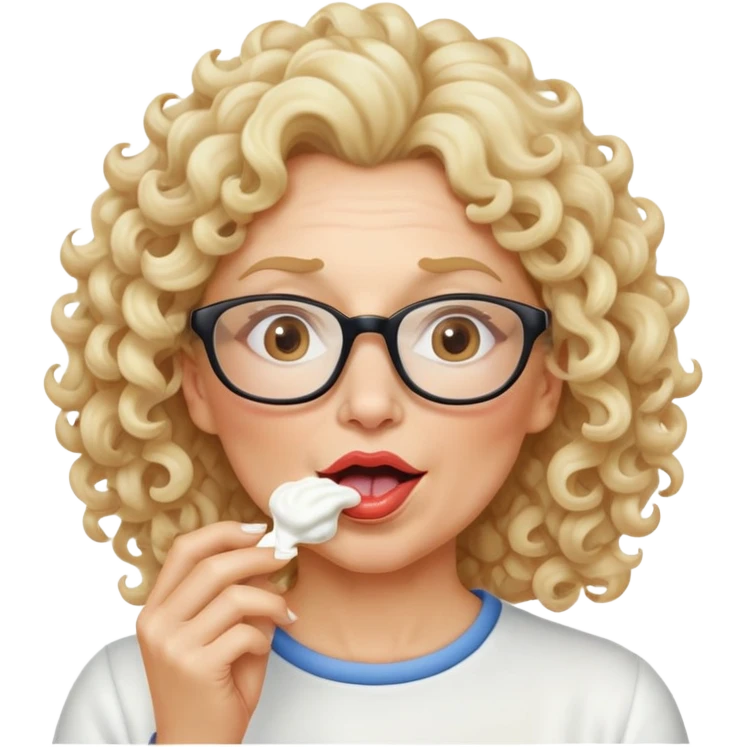 Middle aged woman with blonde curly hair with glasses licking white sour cream off her lips emoji