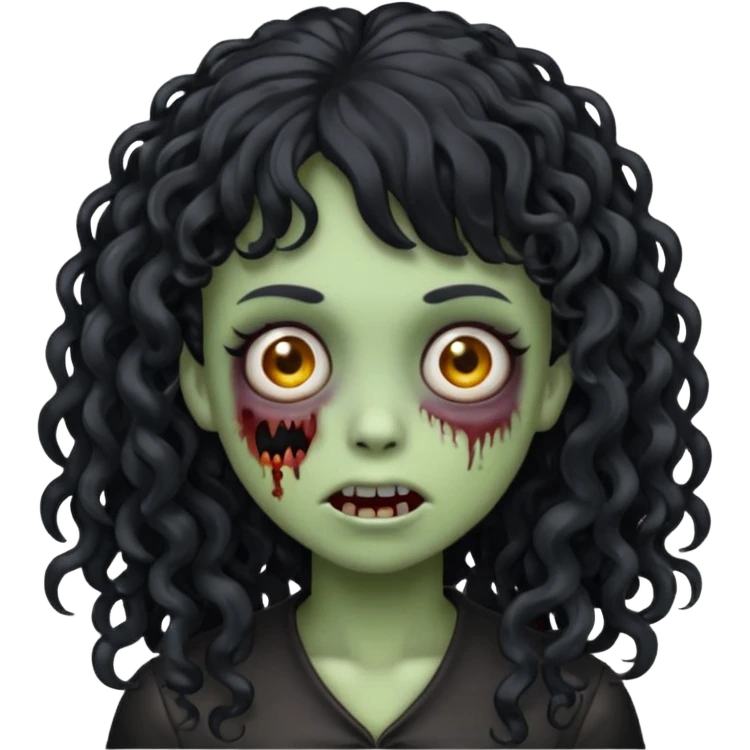 Emoji garota zombie com cabelo preto cacheado longo com franja cacheada sem volume emoji
