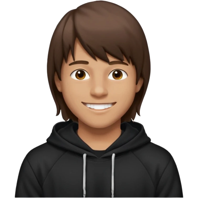 20 yr old man, brown hair, straight, big smile, white teeth, tanned skin, bangs, black hooded sweatshirt, long hair in back, center-parted bangs emoji