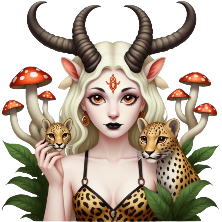 Feminine Baphomet standing among trippy mushrooms.. she’s petting a leopard  emoji