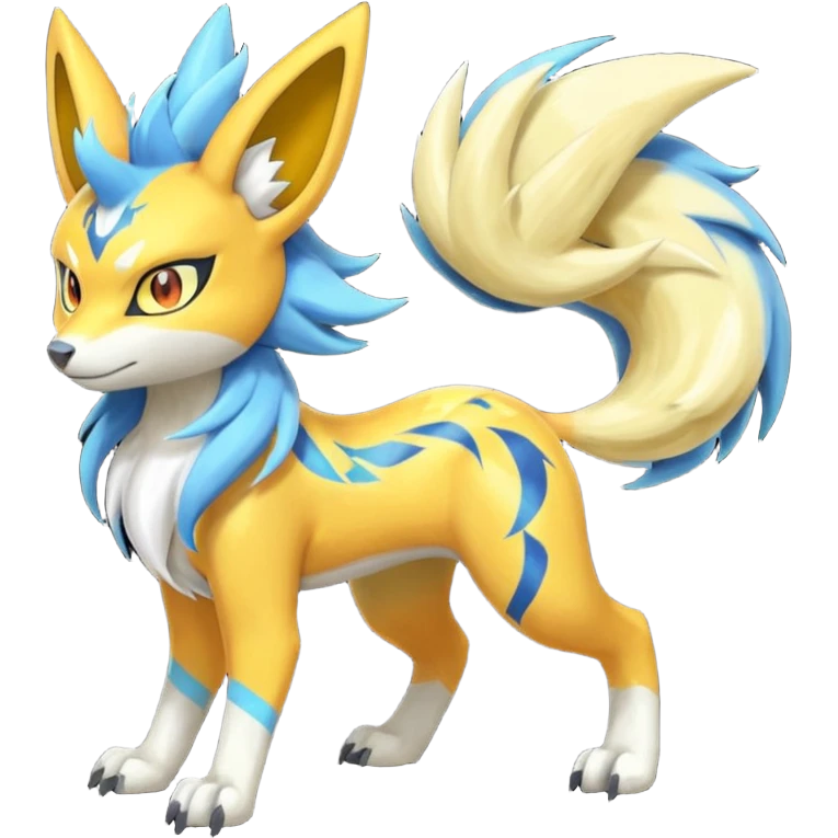 Feral Lightning-patterned Zig-zagged buzzy fuzzy Meloetta-Renamon-Zeraora-Luxray-Cobalion-Suicune-Vernid-fusion-hybrid-creature, full body  emoji