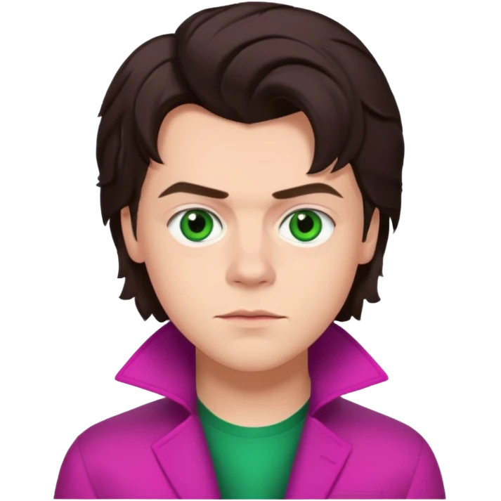Harry Styles with green eyes, dark brown hair, magenta outfit emoji