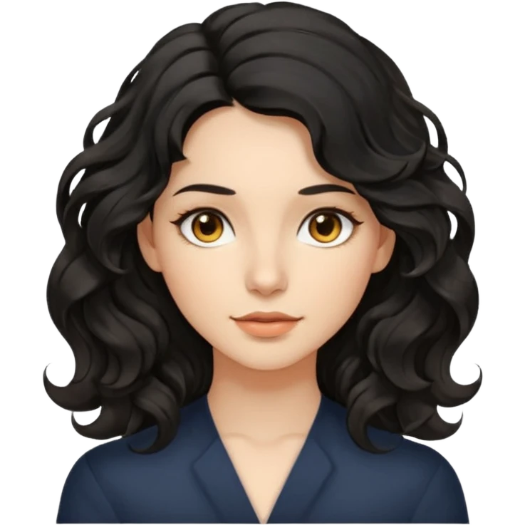 this avatar of 30th year-woman has shoulder-length black wavy hair with loose curls framing the face, and a long, pointed face with golden-brown eyes and a calm, neutral expression. emoji