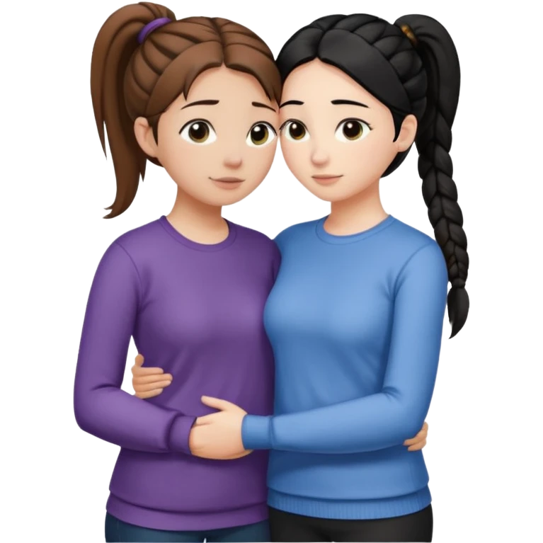 Comforting Hug two white skin women, one shorter woman with brown hair in simple top ponytail, not braided, and one taller woman with black hair in long side braid emoji