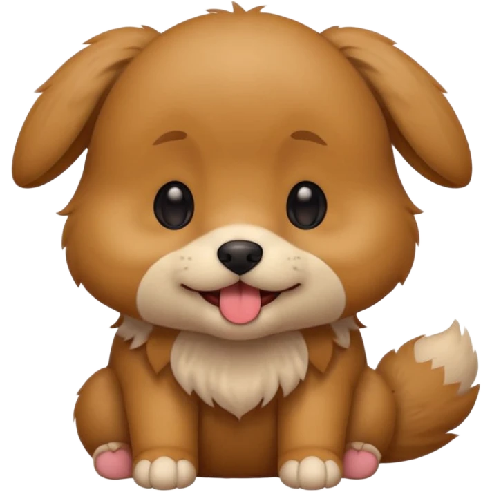 Cute small brown fluffy dog emoji icon. Round face, short muzzle, light brown fur with slightly darker ears, small black nose, happy smiling expression with tongue out. Soft friendly eyes, sitting pose with front paws together. Simple clean vector style, minimal details, kawaii style. emoji