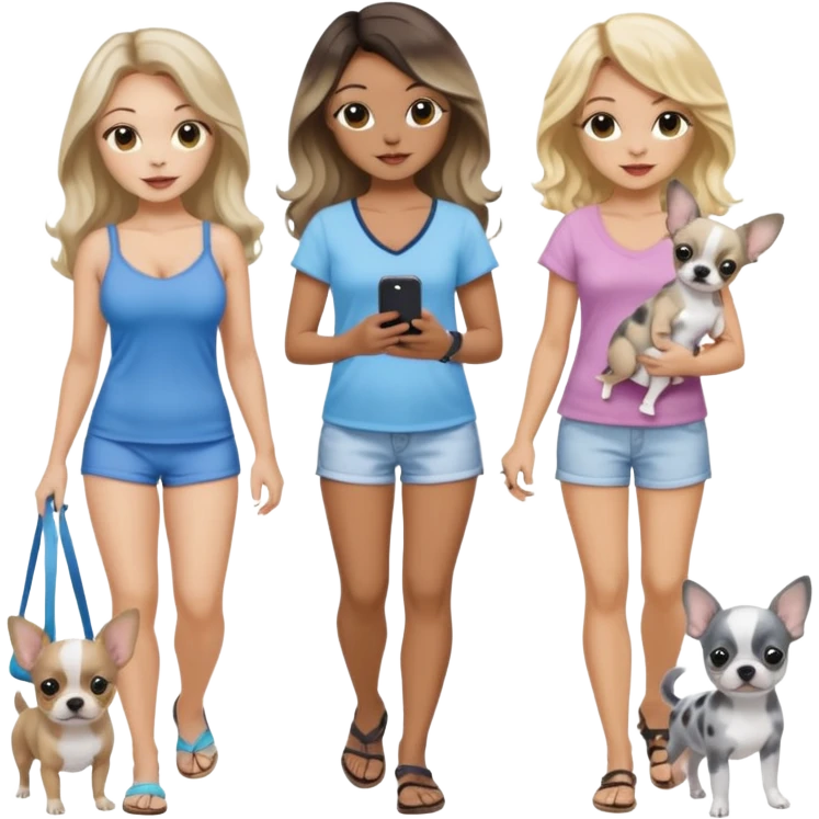 Three pretty women in beach clothes walking 2 dogs, blue and gray spotted Merle Frenchie and walking a black and tan chihuahua puppy, holding iPhone, hazel eyed light skin with dark blonde long hair and light skin hazel eyed long wavy dark hair, blue eyed light skin long blonde hair  emoji