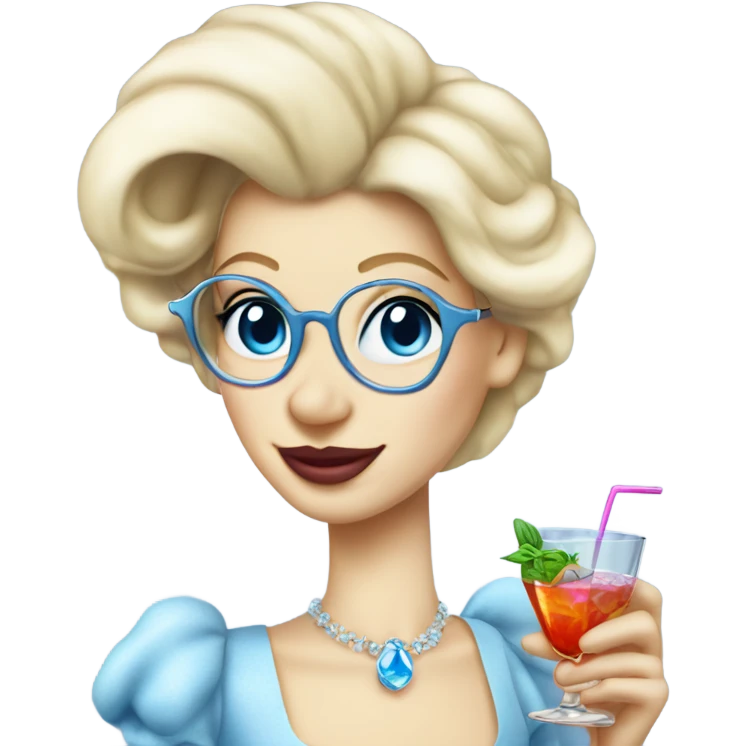 1990's Pale Cinderella with blue eyes wearing glasses drinking a cocktail  emoji