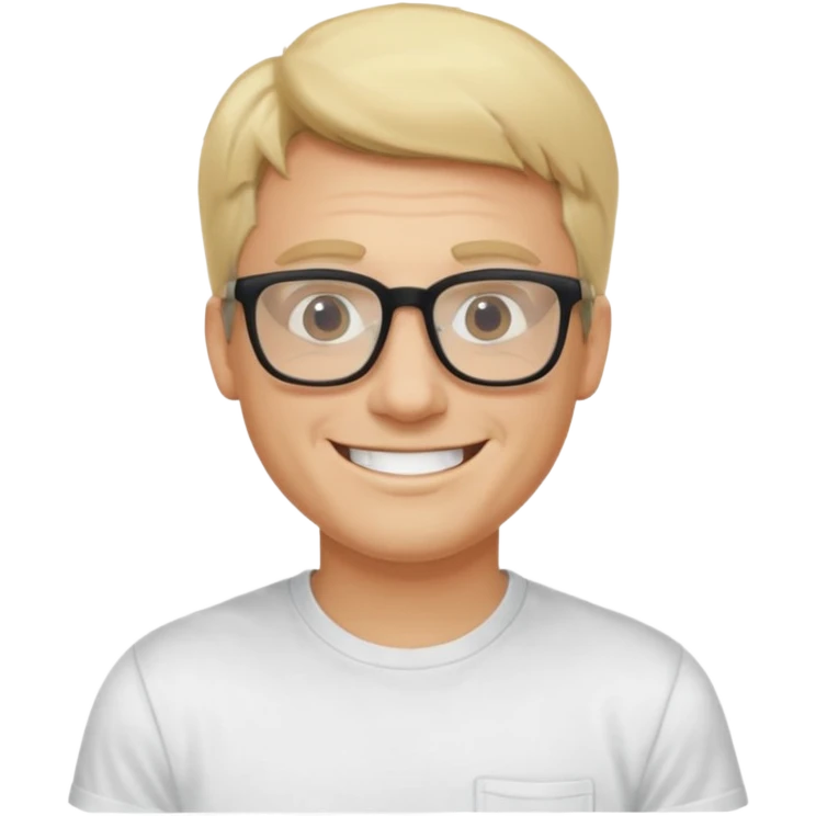 portrait of adult man, wearing a t-shirt, square glasses, grinning face, blond hair emoji