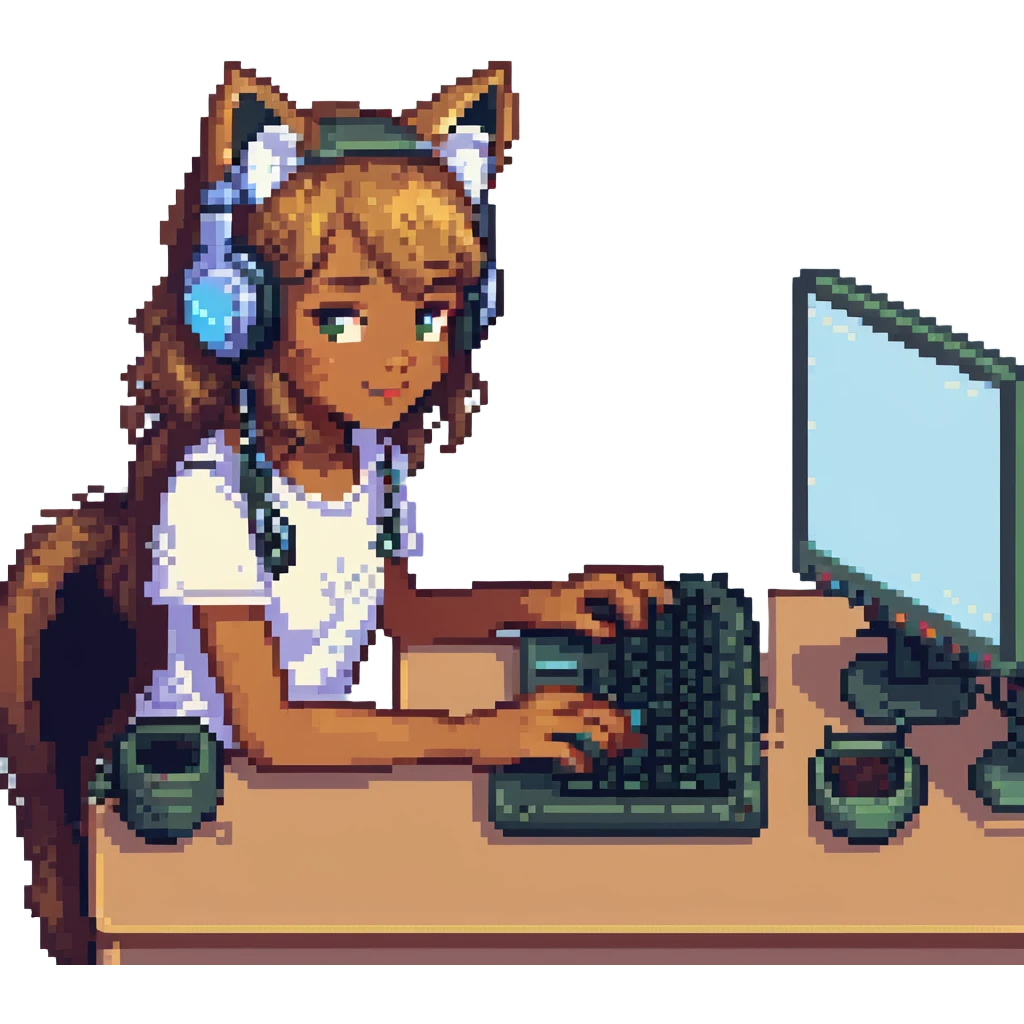 light brown-skinned girl with cat ear headphones, typing on a computer pixel art emoji
