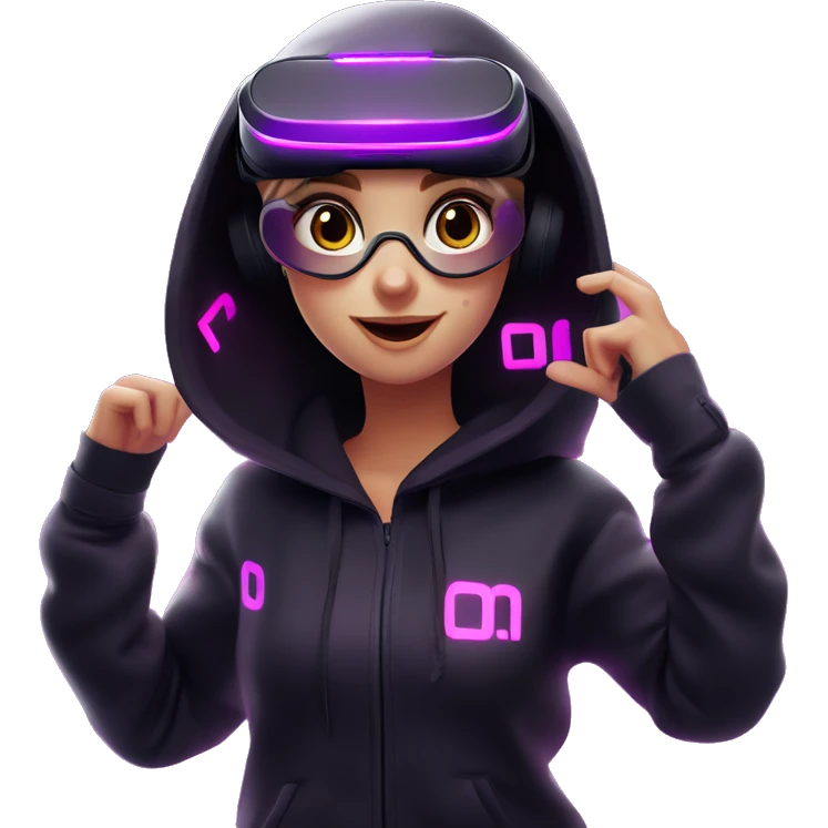 Russian girl wearing black hoody with violet letters "OMG", in vr headset oculus quest2. Dancing. Cyberpunk style. Violet neon. emoji