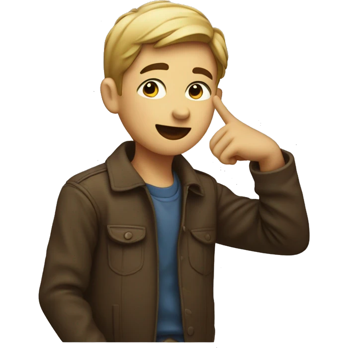 Boy gesturing to listen to him by pointing at his ear emoji
